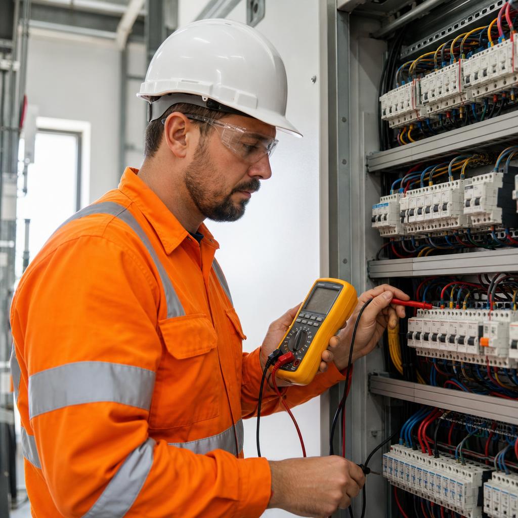 Electrician testing circuit breakers during a scheduled commercial switchboard maintenance service